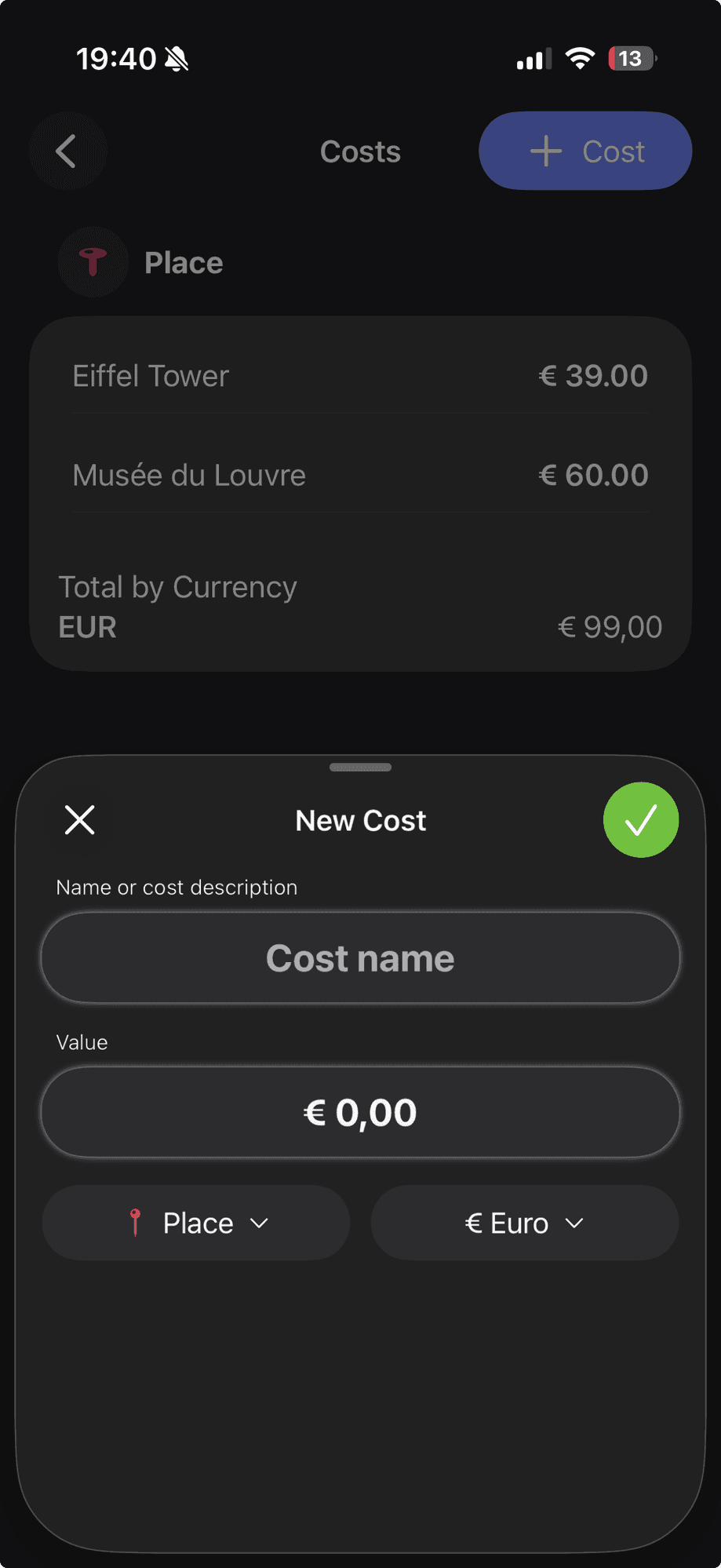 Kadoo costs screen