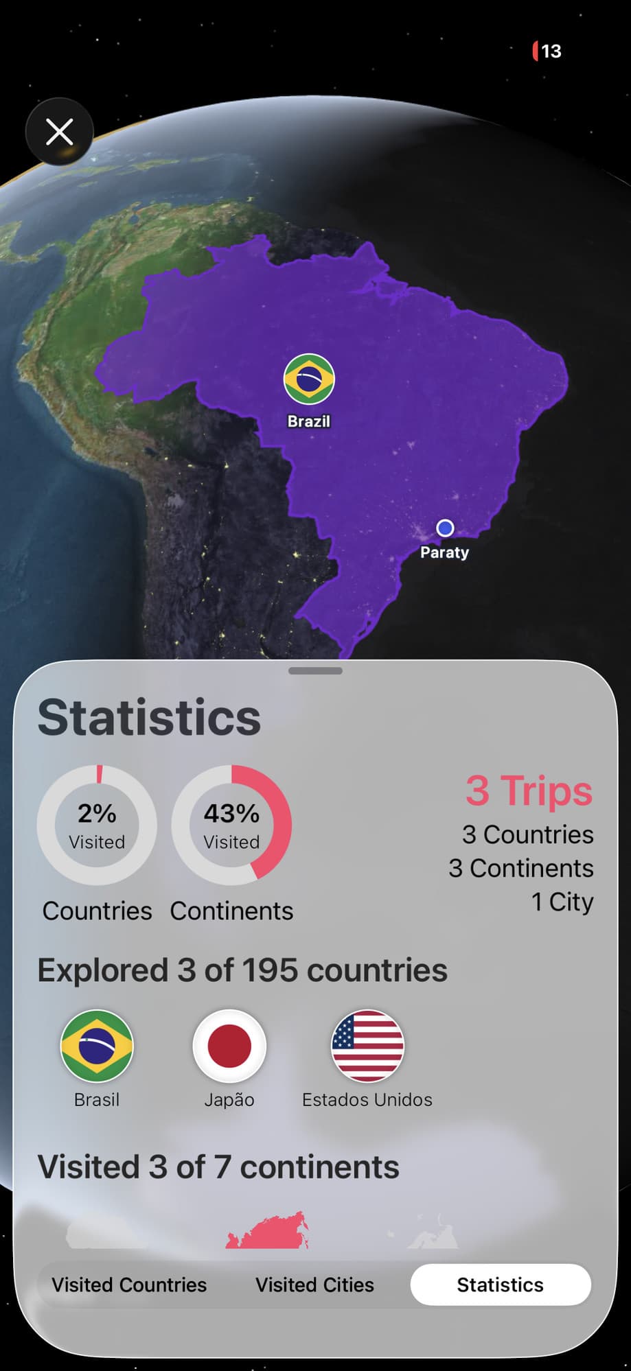 Kadoo travel statistics screen